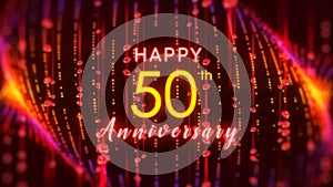 Happy 50th Anniversary Lettering On Red Yellow Shiny Blurry Focus Vertical Rose Flower Particles Lines Curtain