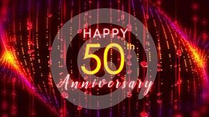 Happy 50th Anniversary Text Reveal On Red Yellow Shiny Blurry Focus Vertical Rose Flower Particles Lines Curtain