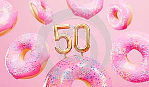 Happy 50th birthday celebration background with pink frosted donuts. 3D Rendering