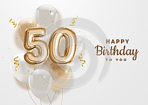 Happy 50th birthday gold foil balloon greeting background.