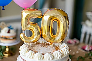 Happy 50th birthday. Gold helium 50 birthday balloons on a birthday cake