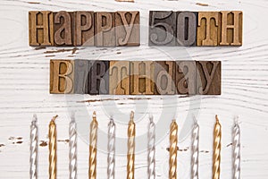 Happy 50th Birthday Spelled in Type Set