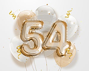 Happy 54th birthday gold foil balloon greeting background.