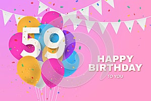 Happy 59th birthday balloons greeting card background.