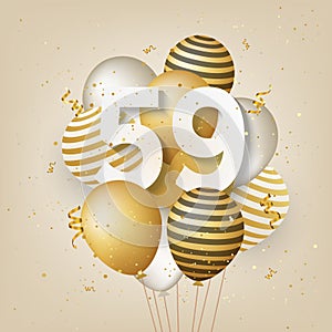 Happy 59th birthday with gold balloons greeting card background.