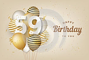 Happy 59th birthday with gold balloons greeting card background.