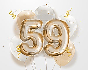 Happy 59th birthday gold foil balloon greeting background.