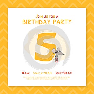 Happy 5th Birthday Invitation Card Template, Birthday Anniversary Number with Cute Mouse, Superhero Animal Cartoon