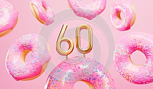 Happy 60th birthday celebration background with pink frosted donuts. 3D Rendering