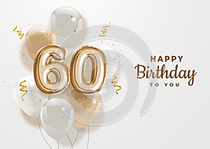 Happy 60th birthday gold foil balloon greeting background.