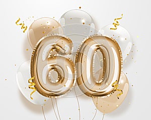 Happy 60th birthday gold foil balloon greeting background.