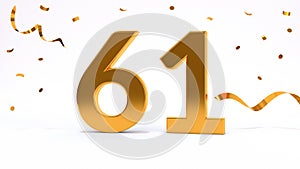 Happy 61 birthday party celebration. Gold numbers with glitter gold confetti, serpentine. Festive background. Decoration for party