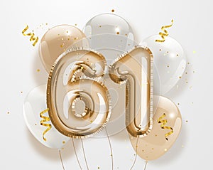 Happy 61th birthday gold foil balloon greeting background.