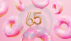 Happy 65th birthday celebration background with pink frosted donuts. 3D Rendering