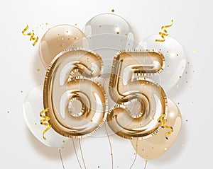 Happy 65th birthday gold foil balloon greeting background.