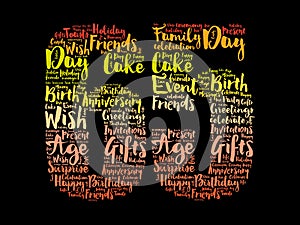 Happy 65th birthday word cloud, holiday concept background