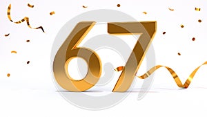 Happy 67 birthday party celebration. Gold numbers with glitter gold confetti, serpentine. Festive background. Decoration for party
