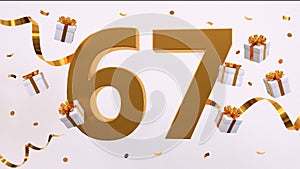 Happy 67 birthday party celebration. Gold numbers with glitter gold confetti, serpentine, gifts. Festive background. Decoration