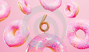 Happy 6th birthday celebration background with pink frosted donuts. 3D Rendering