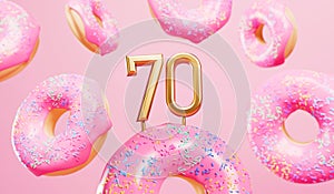 Happy 70th birthday celebration background with pink frosted donuts. 3D Rendering