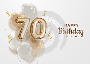 Happy 70th birthday gold foil balloon greeting background.