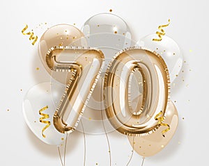 Happy 70th birthday gold foil balloon greeting background.