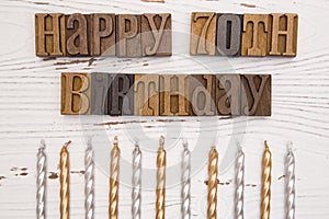 Happy 70th Birthday Spelled in Type Set