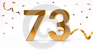 Happy 73 birthday party celebration. Gold numbers with glitter gold confetti, serpentine. Festive background. Decoration for party