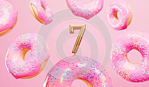 Happy 7th birthday celebration background with pink frosted donuts. 3D Rendering