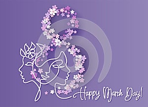 Happy 8 March womens day card. Womens with spring flowers