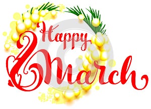 Happy 8 march yellow mimosa acacia symbol womens day
