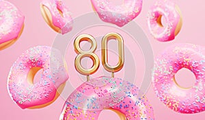 Happy 80th birthday celebration background with pink frosted donuts. 3D Rendering