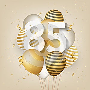 Happy 85th birthday with gold balloons greeting card background