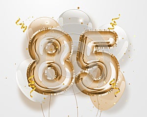 Happy 85th birthday gold foil balloon greeting background.