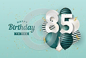 Happy 85th birthday with green balloons greeting card background.