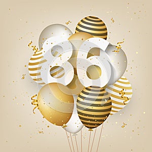 Happy 86th birthday with gold balloons greeting card background.