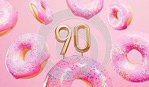 Happy 90th birthday celebration background with pink frosted donuts. 3D Rendering