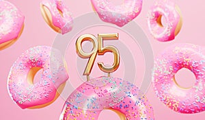 Happy 95th birthday celebration background with pink frosted donuts. 3D Rendering