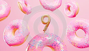 Happy 9th birthday celebration background with pink frosted donuts. 3D Rendering