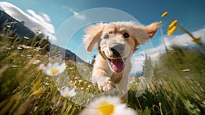 a Happy Acive Golden Retiever Puppy Cute Dog Romp in the Valley Meadow with the Bautiful Wild Flowers, Dog Running trough Meadow. photo