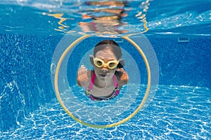 Happy active child swims underwater in pool