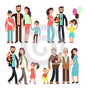 Happy active family cartoon people vector characters