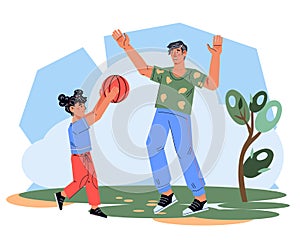 Happy active family of father and child playing ball in park together, flat vector isolated.