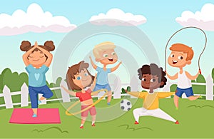 Happy active kids characters. Summer outdoor activity - childhood vector background