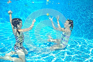 Happy active kids swim in pool and play underwater