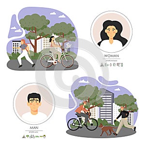 Happy active people riding bicycle, jogging, walking dog in city park, vector flat illustration