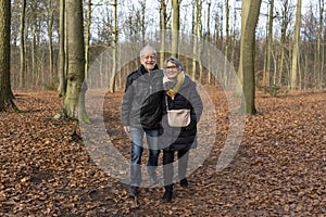 Happy, active senior couple walking in autumn forest