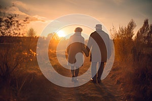 Happy active senior couple walking and holding hands outdoors.AI generated