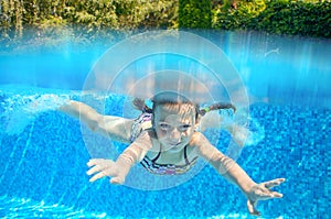 Happy active underwater child swims in pool