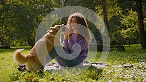 Happy active welsh corgi dog playing with female owner on summer nature in city park Caucasian woman girl handler